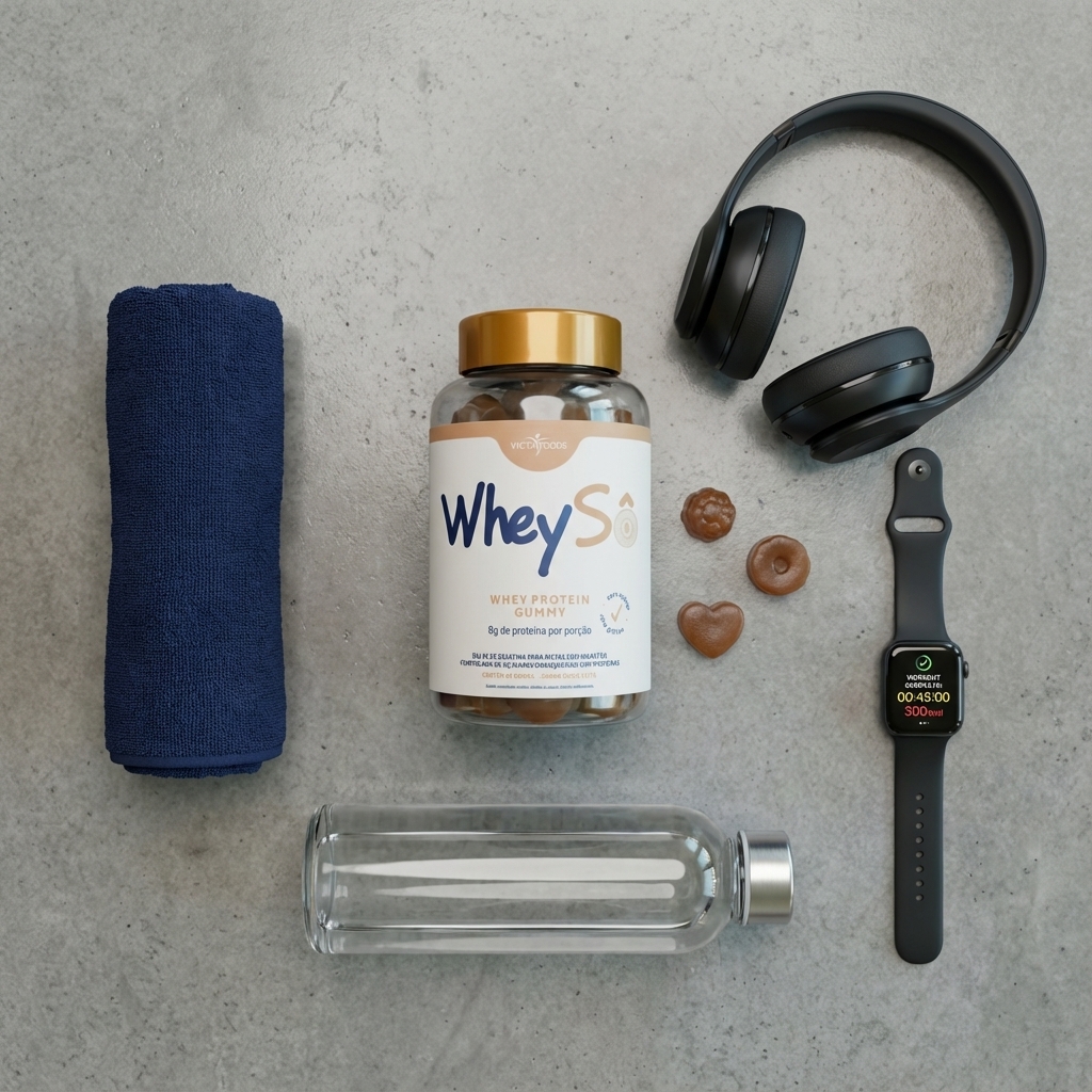 Pote WheySô com itens de treino ao redor